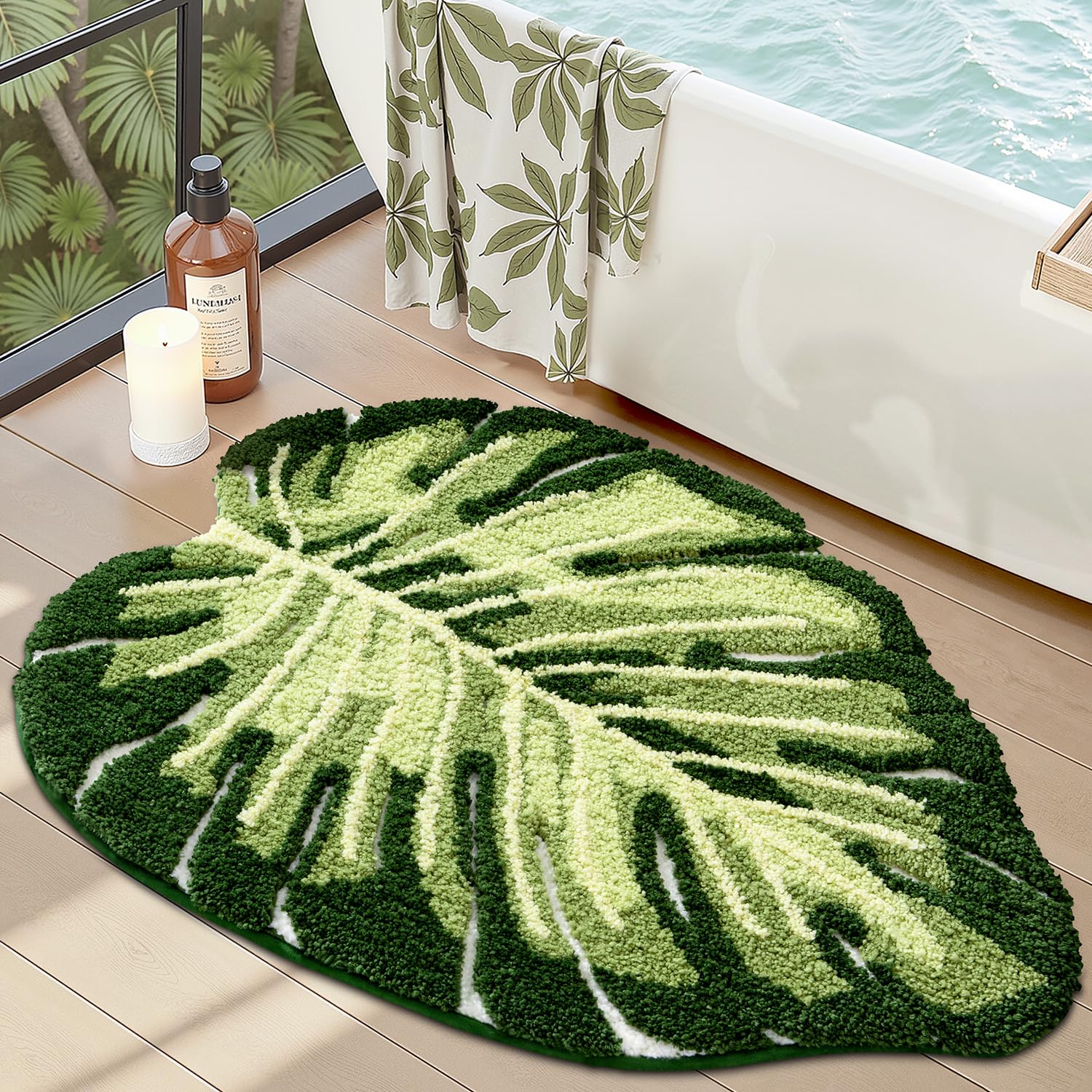 LUMI Cute Bathroom Rugs with Green Leaf Plant, Soft, Fluffy, Plush, Absorbent, Quick Dry, Non Slip, Machine Washable for Shower Floor, Bathroom,