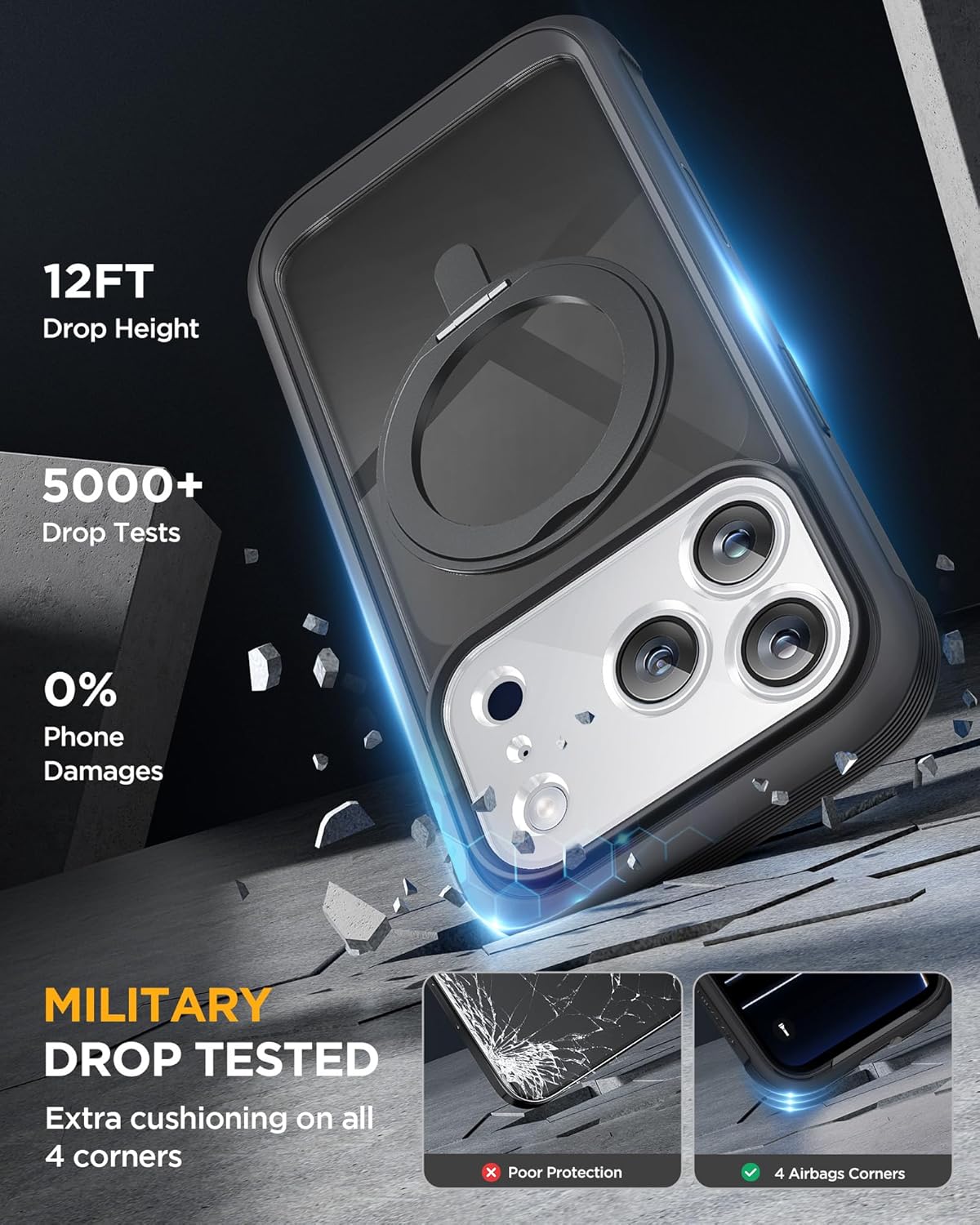 Miracase for iPhone 17 Pro Case with 360 Spin Magnetic Stand, Full-Body Phone Case with Built-in Glass Screen Protector & Camera Control, Drop Proof iPhone 17 Pro Cover, Black