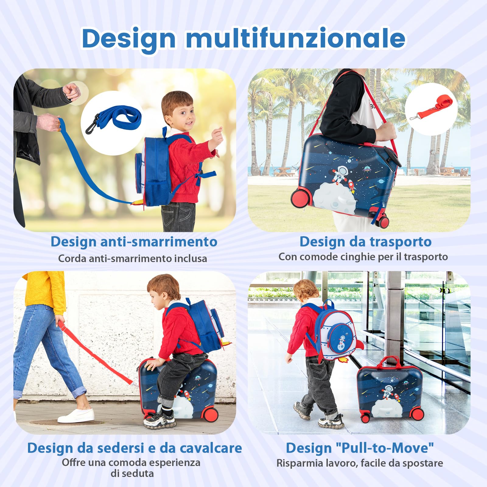 COSTWAY Valigia Cavalcabile per Bambini, 18" Valigia+ 12" Zaino,2 Pezzi, Trolley Bambini Bagaglio a Mano con Ruote Girevoli e Maniglia Retrattile, 2 Cingie Multiuso (Modello 4)