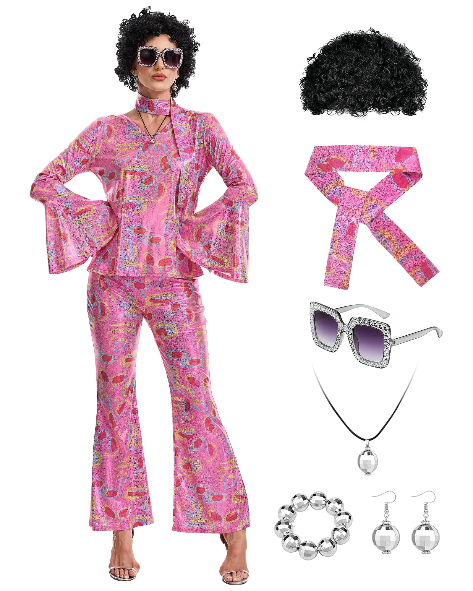 LLTTEER Women's 70s Disco Outfit Costume Set 9 Pieces Disco Costume with Flared Pants,60s 70s Disco Accessory Set, for Carnival, Halloween Theme Party (Pink, L)