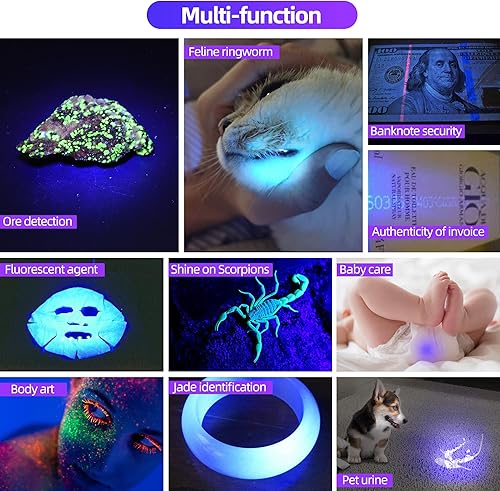 Miniatura 8 de DARKBEAM Linterna UV Blacklight de 365 nm, potente lámpara USB recargable de 36 W LED ultravioleta negra - Detector de orina de mascotas - Minerales