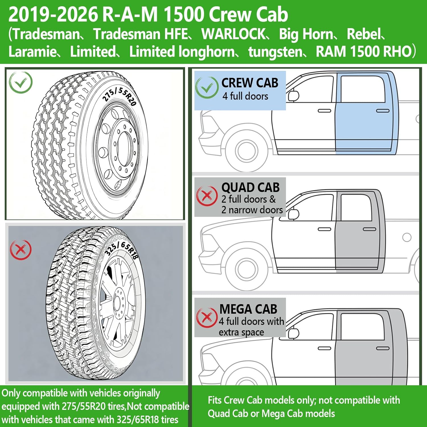 Half Car Cover for 2019-2026 RAM 1500 Crew Cab, with Door Zipper, 420D Oxford Waterproof All Weather Exterior Pickup Truck Cover for Wind Dust Sun and UV Protection