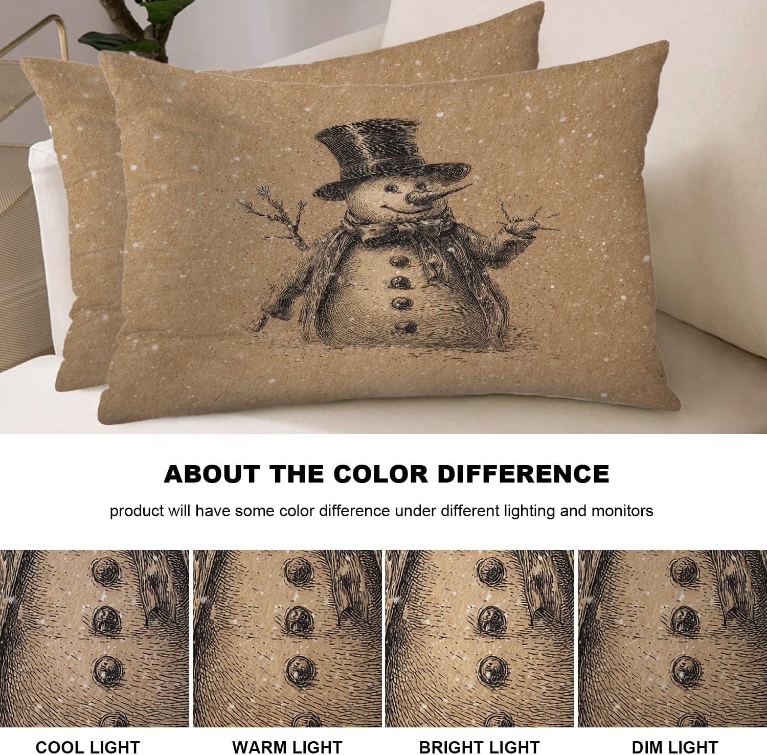 Shrahala Vintage Christmas Snowman Pillowcases, Nostalgic Kraft Paper Snowman Lumbar Pillow Cover Decorative Blended Double-Sided No Inserts for Bedroom Sofa Living Room Set of 2 (26 x 20 in)