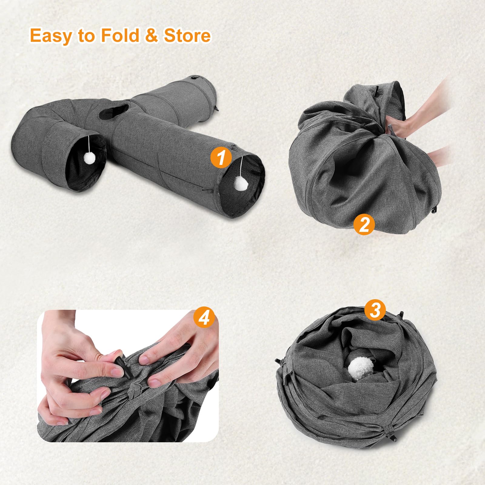 Ownpets Tunnel per gatti, materiale in tessuto con palla e teaser, espandibile e pieghevole, tunnel da gioco per gatti, cuccioli, conigli, grigio