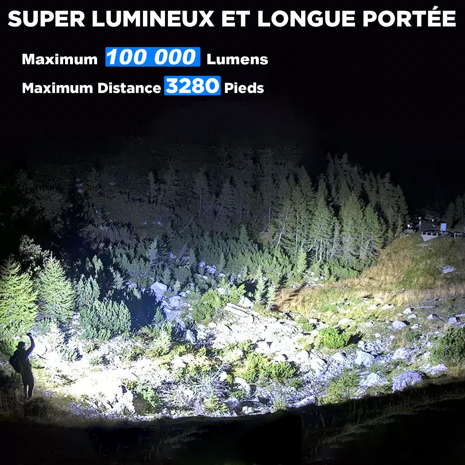 ZEUSFIRE Lampe Torche LED Ultra Puissante, 2 Pièces 100000 Lumens Lampe de Poche LED Rechargeable, 5 Modes D'éclairage & IPX7 étanche Lampe Torche Longue Portée Pour Camping, Randonnée