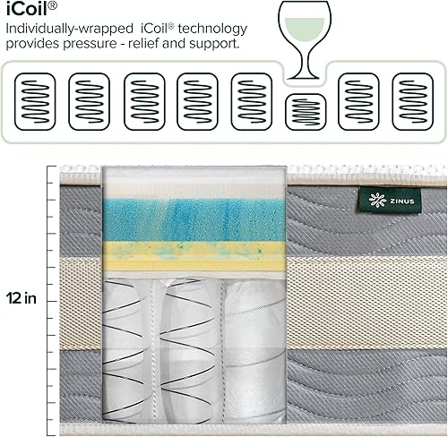 Miniatura 3 de Zinus - Colchón híbrido acolchado de enfriamiento Comfort Support de 12 pulgadas, resortes interiores ensacados para aislar el movimiento, soporte