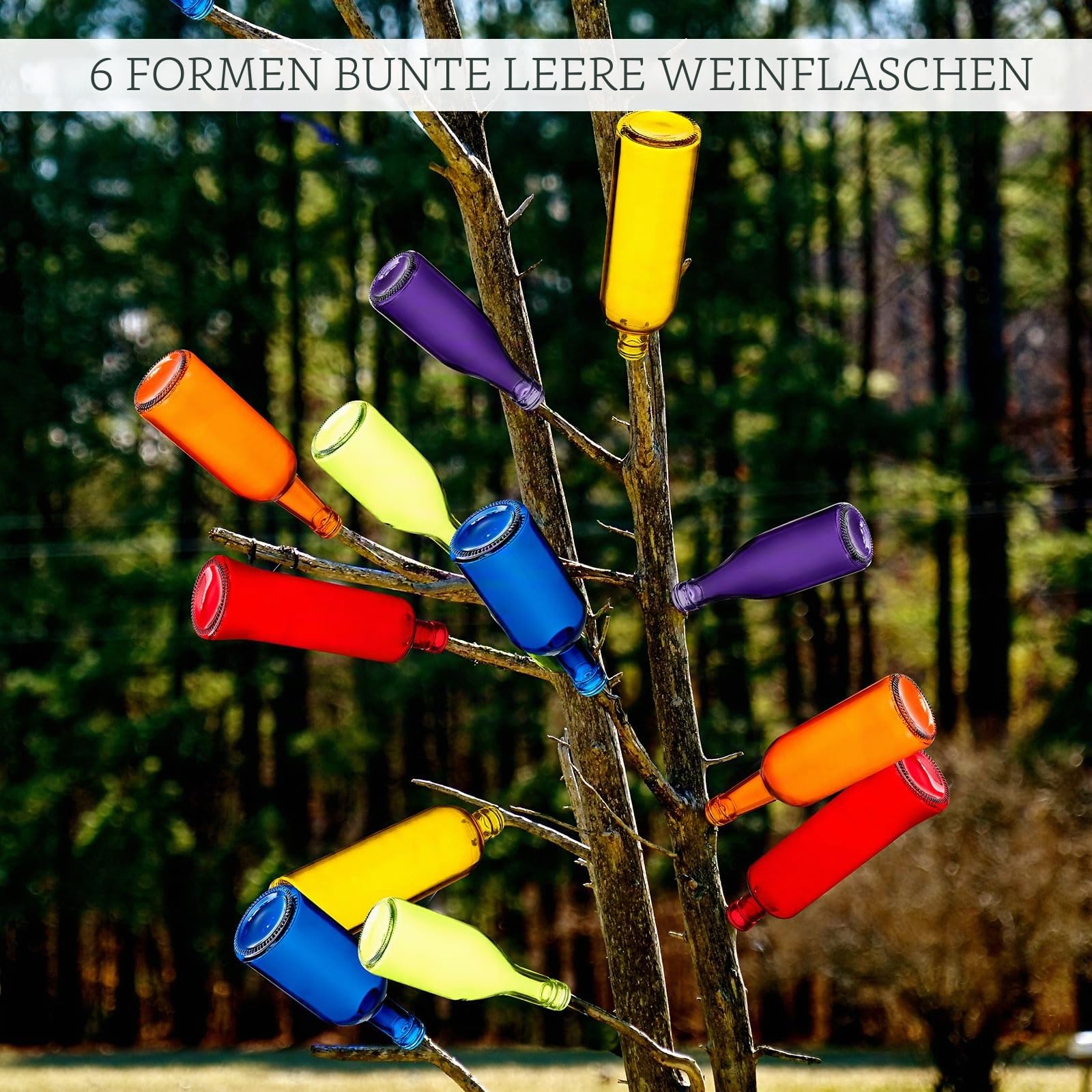 Zhehao 12 farbige Glasflaschen, bunte leere Weinflaschen, dekorative Glasflasche für Flasche, Baum, Garten, Hof, Outdoor, Heimdekoration (dunkles Regenbogenfarben, zylindrisch)
