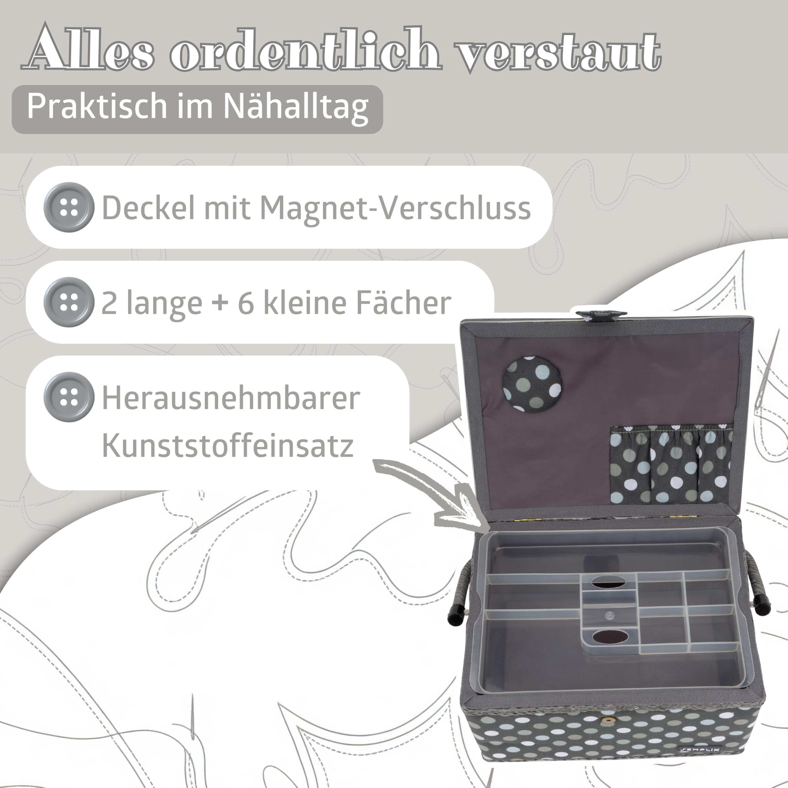 SEMPLIX Nähkorb Größe L, Polka Dots Anthrazit/Grau (30,5x22,5x19cm), Nähkästchen im frechen Punktedesign, Naehkasten in 5 trendigen Farben
