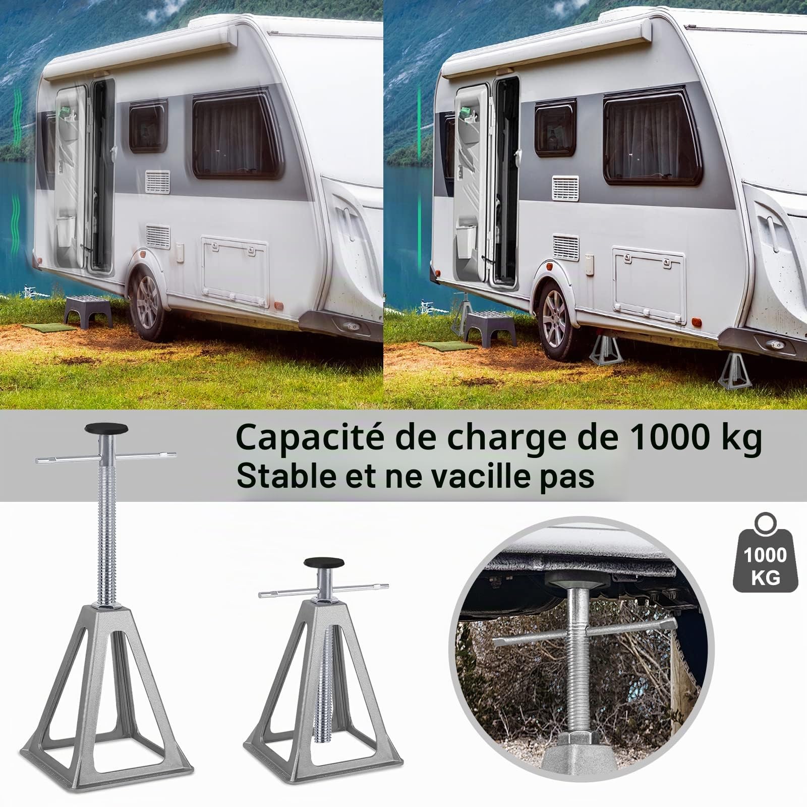 UISEBRT Lot de 4 Chandelles de Stabilisation pour Caravane, Chevalet pour camping-car, accessoires de caravane, en aluminium, Capacité de Charge 1000kg par Pieds de Support
