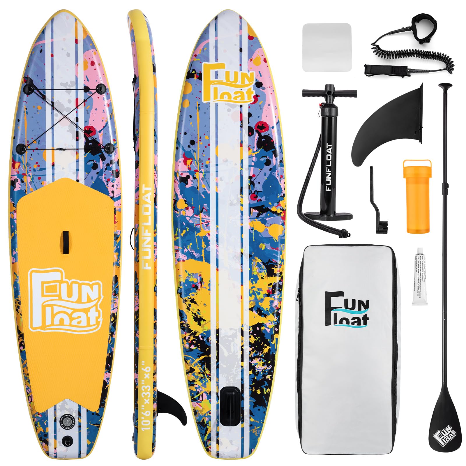 Fun Float SUP, Paddle Board 11'x33 x6 Wide Inflatable Stand Up Paddle Board with Hand Pump, Leash, Adjustable Paddle for Basic Version, 100L Backpack,