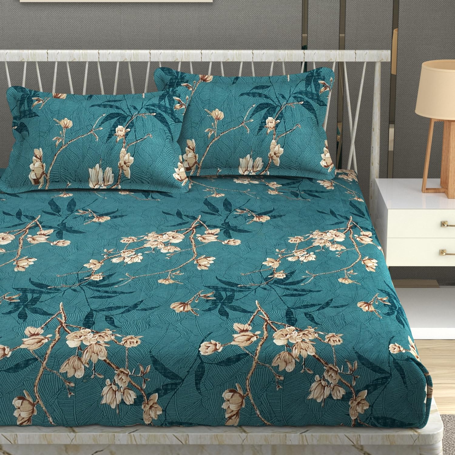 Vram Premium Heavy Cotton Elastic Fitted Bedsheets with 2 King Size Pillow Covers || Double Bed with All Around Elastic 350 TC | 72 x 78 x 10 Inch King Size Fitted | :- Green Flower-image-32