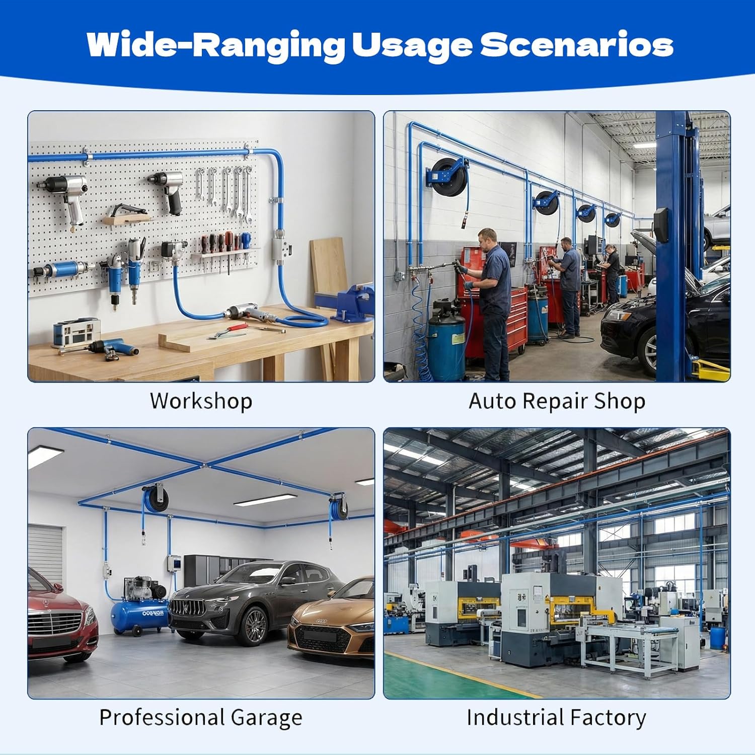 Compressed Air Line Kit 100FT×1/2 Inch, Blue Shop Air Line Kit for Garage Rapid Air System 1/2, HDPE-Aluminum Piping Leak-Proof and Easy to Install, Air Compressor Hose Kit