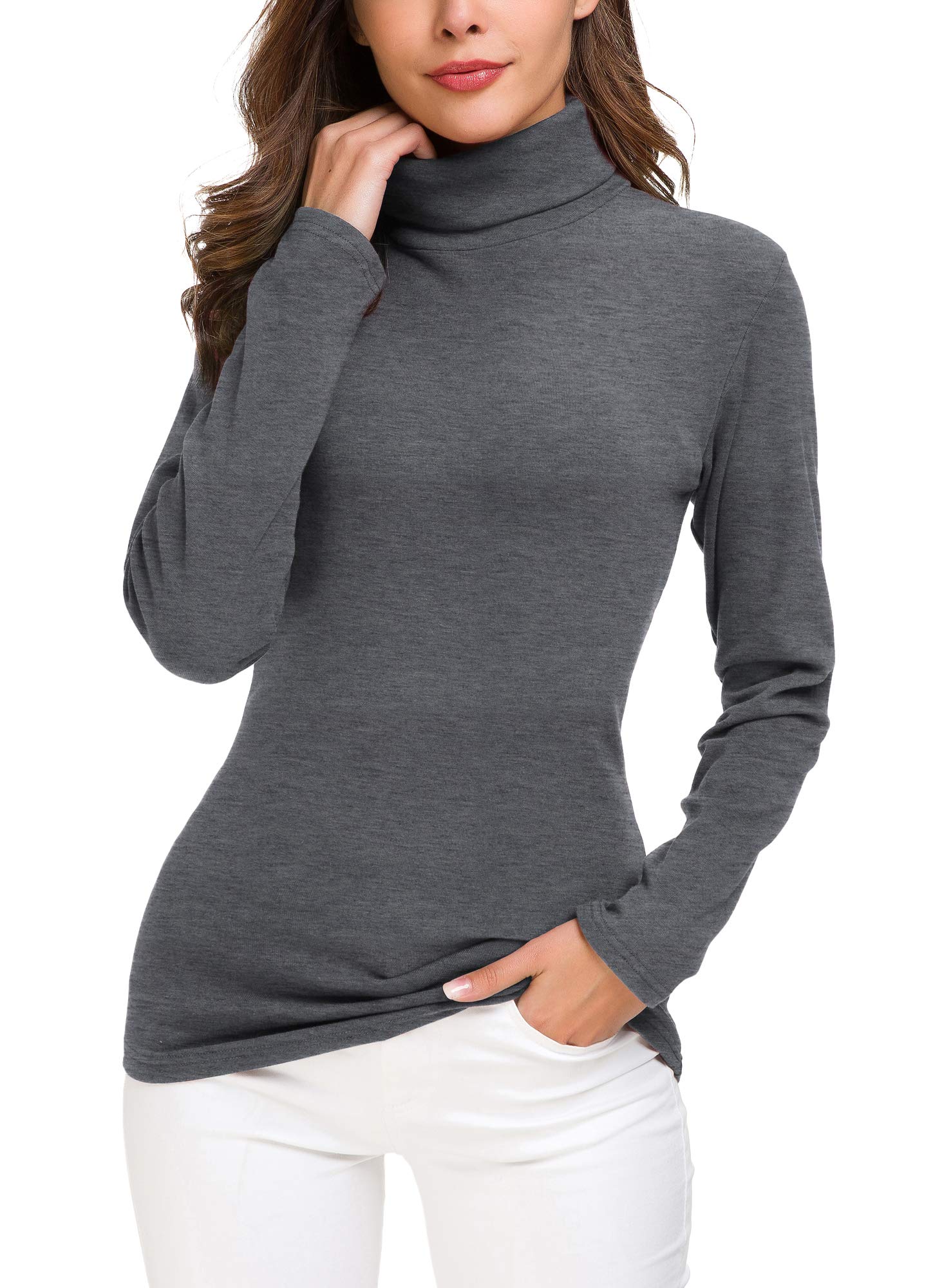 EXCHIC Women’s Slim Fit Turtleneck Pullover Solid Long Sleeve Stretchy Sweatshirt (S, Grey)