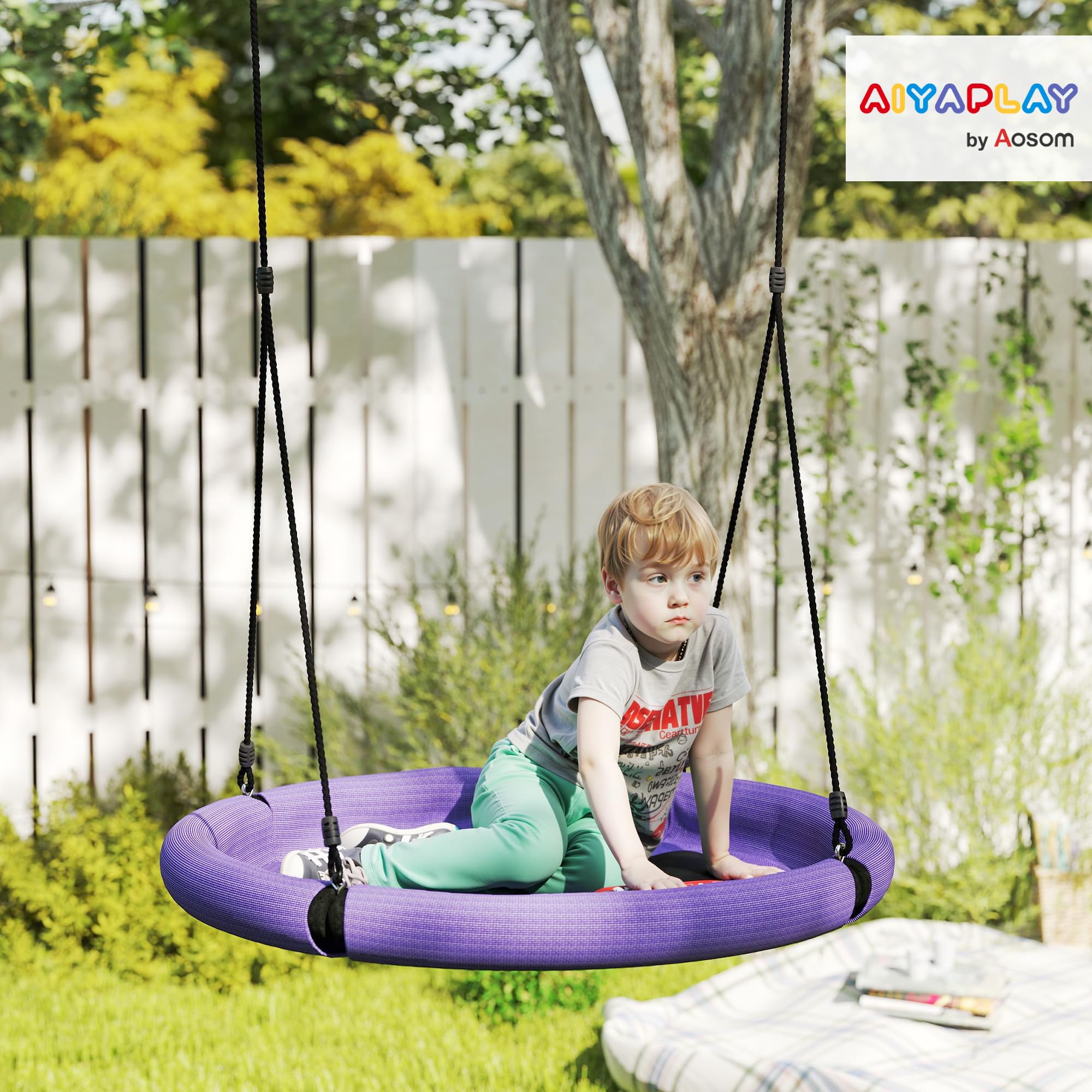 AIYAPLAY Nestschaukel Ø98 cm Höhenverstellbare bis 150 kg Lila+Schwarz | Gartenschaukel, Langlebig & Wetterfest Tellerschaukel, Hängeschaukel, Kinderschaukel, Outdoor Indoor, für Kinder Erwachsene