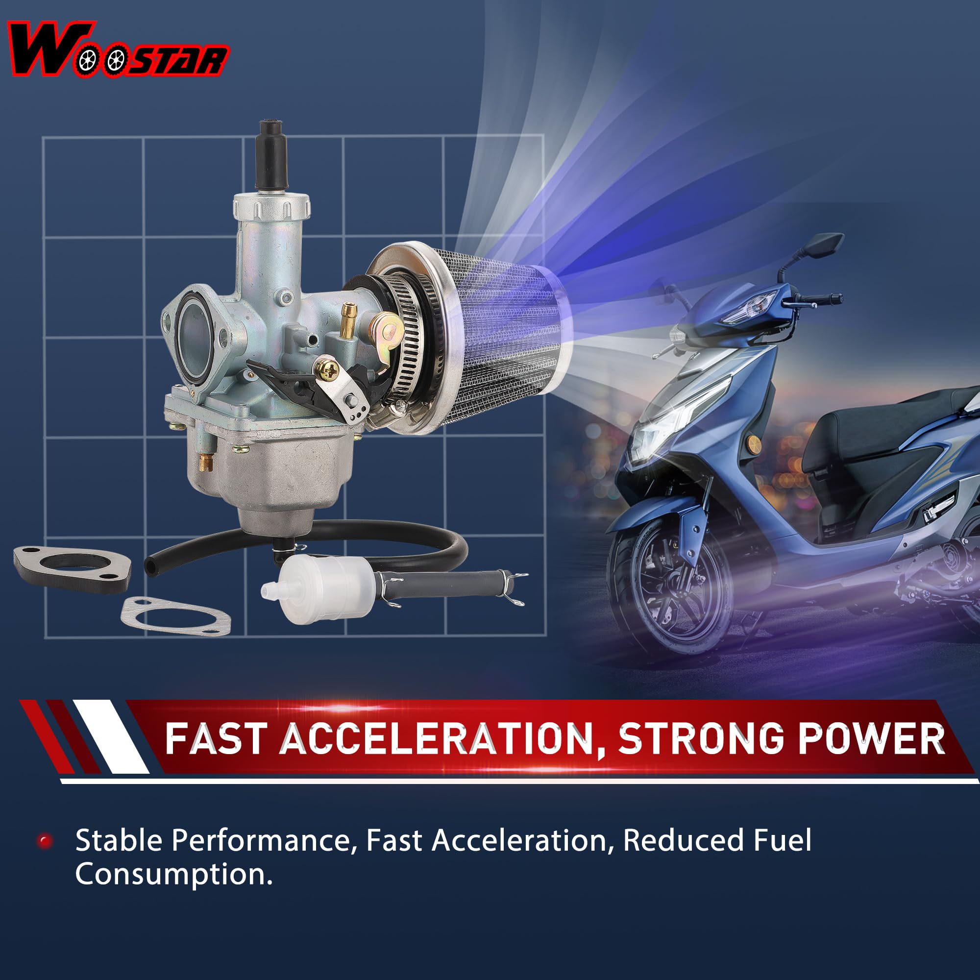 WOOSTAR 26mm Carburateur PZ26 avec Filtre à Air Filtre à Carburant Joints de Collecteur D’admission Remplacement pour 4 Temps 110cc 125cc XR100 CB125 TaoTao DB17 125 Dirt Bike ATV 4 Wheeler Quad