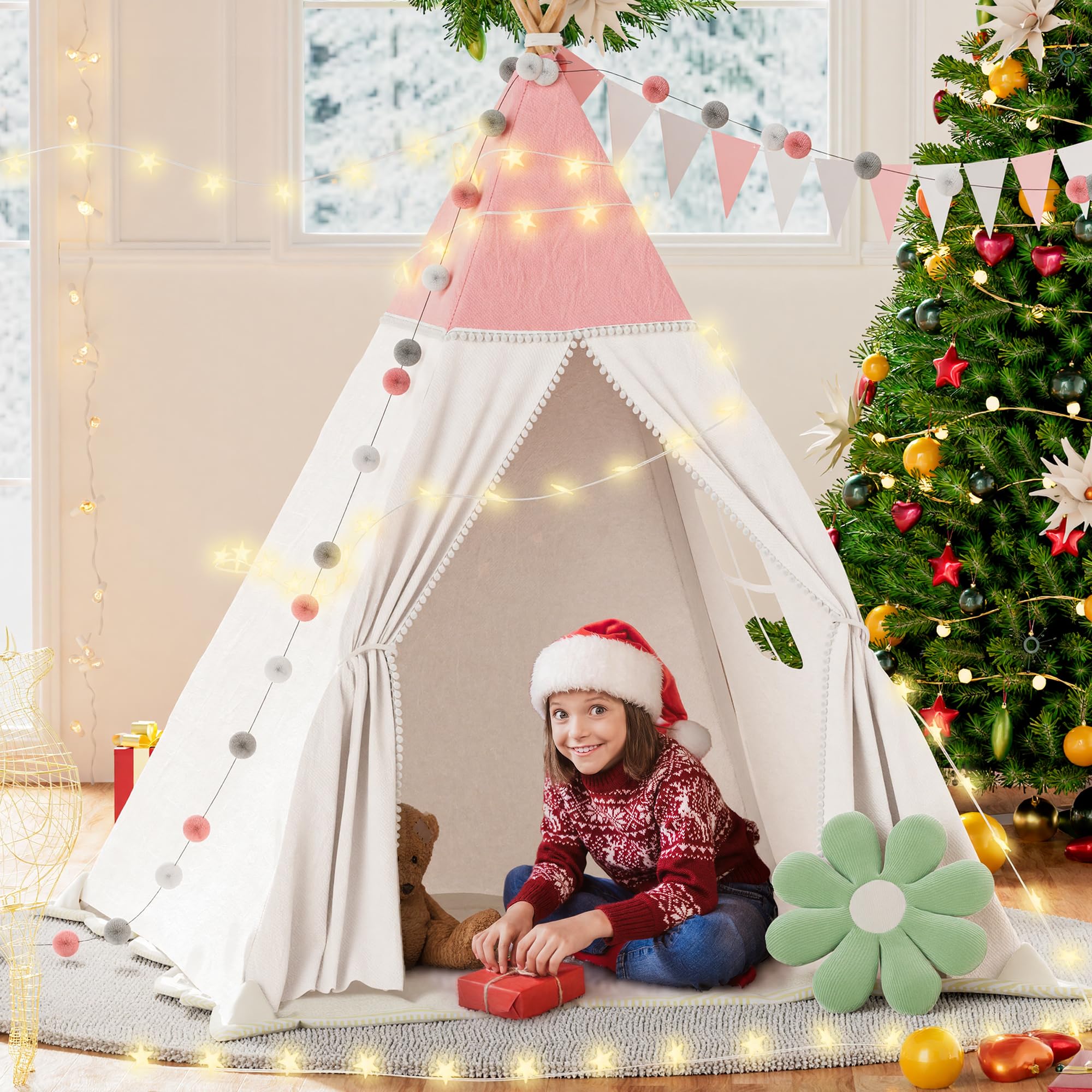 Tipi tenda per bambini, tenda da gioco con coperta imbottita, catena luminosa, borsa per il trasporto, stile Montessori, per bambini, colore: verde chiaro