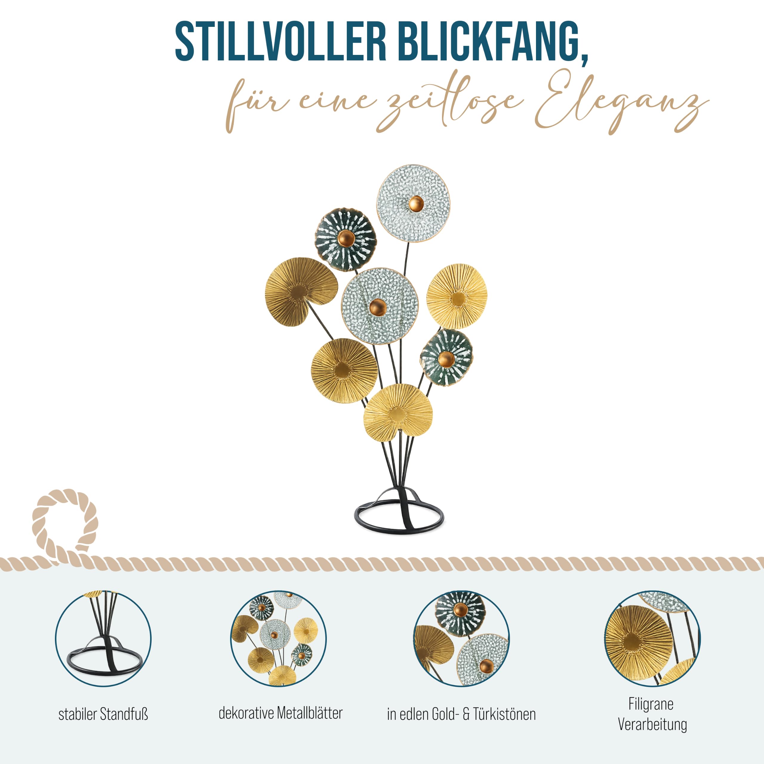 Logbuch-Verlag Dekoobjekt Metall Blumen 53 cm zum Hinstellen - Skulptur Blätter Baum in Gold Türkis Schwarz - Tischdeko Wohnzimmer Geschenk Geburtstag Hochzeit