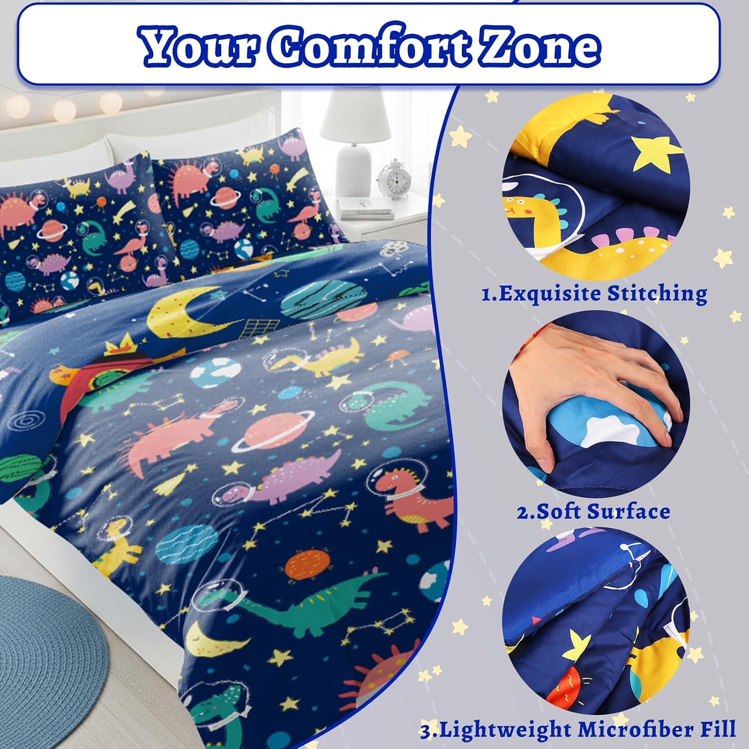 Dinosaur Twin Bedding Sets for Boys, 6 Piece Bed in a Bag, 3D Dinosaur Comforter Set for Girls & Boys with Comforter Sheets, Pillowcases & Shams, Lightweight, Breathable, Easy Care