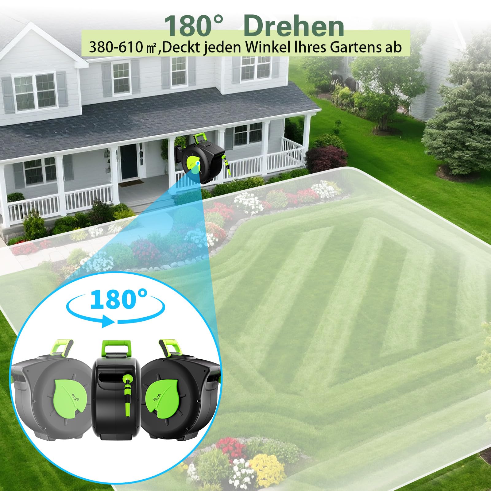 Schlauchtrommel 30m+2m, Wandmontage Schlauchbox mit Aufroll-Automatik & 180° Schwenkbar, Inkl Spritze & Montagehilfe, für Gartenbewässerung & Autowäsche
