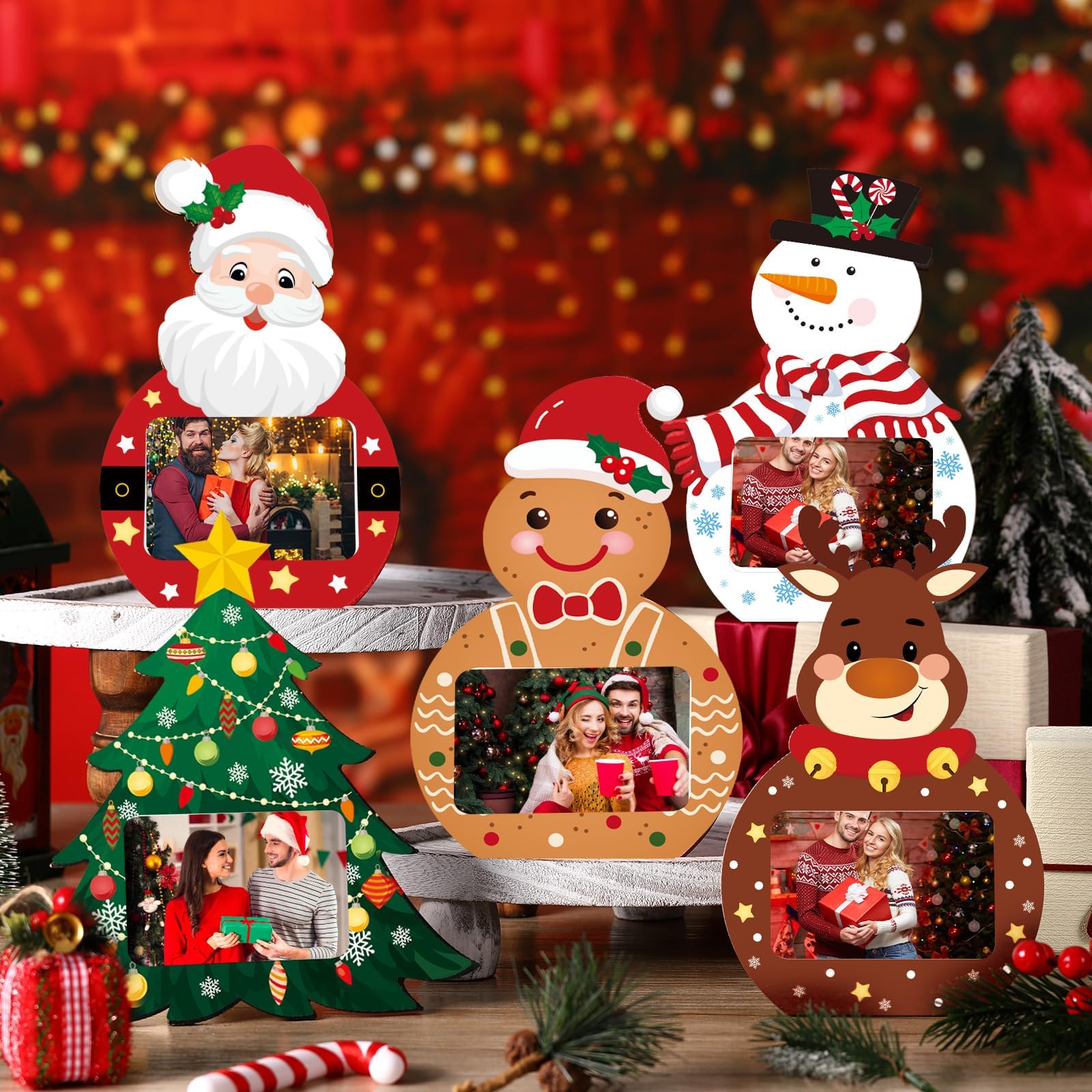 Domensi 5 Pcs Christmas Wood Picture Frame Decorative Wood Photo Frame Santa Snowman Gingerbread Elf Xmas Tree Christmas Frame Wooden Frame for Christmas Home Table Tabletop Display Party Decor