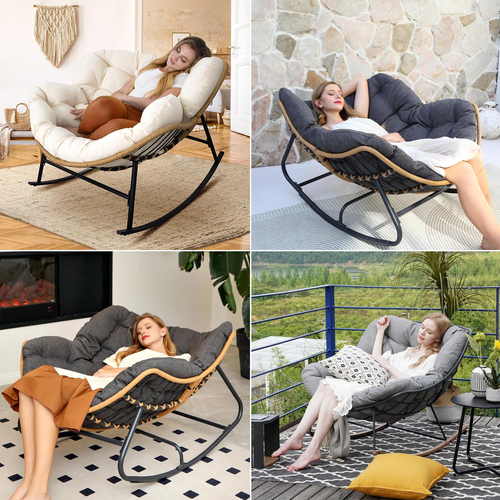 Coussin de chaise à bascule imperméable - Pour le salon - Confortable - Pour l'extérieur et l'intérieur - Coussin pour fauteuil papasan - Double - Pour jardin, terrasse - Noir