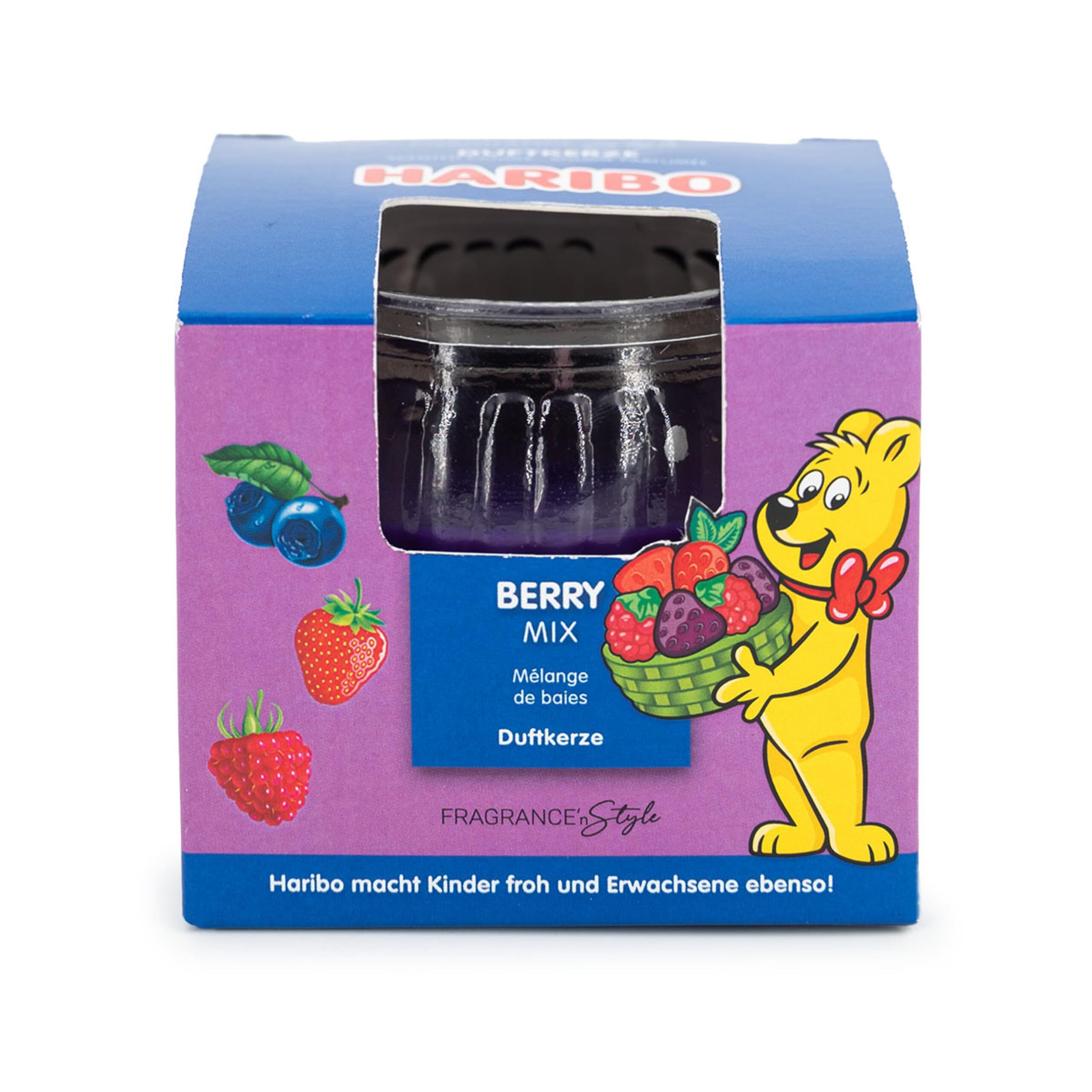 Haribo™ Scented Candle 85g, HxD: 6.5 x 8 cm, Glass Candle, Paraffin Wax, Gift idea, in Gift Box, Purple
