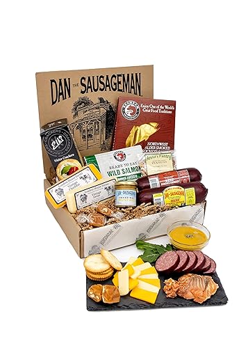 Miniatura 1 de Dan the Sausageman s Pacific Northwest - Cesta de regalo gourmet lista para comer salmón de aliso salchichas de verano de carne ahumada salmón de