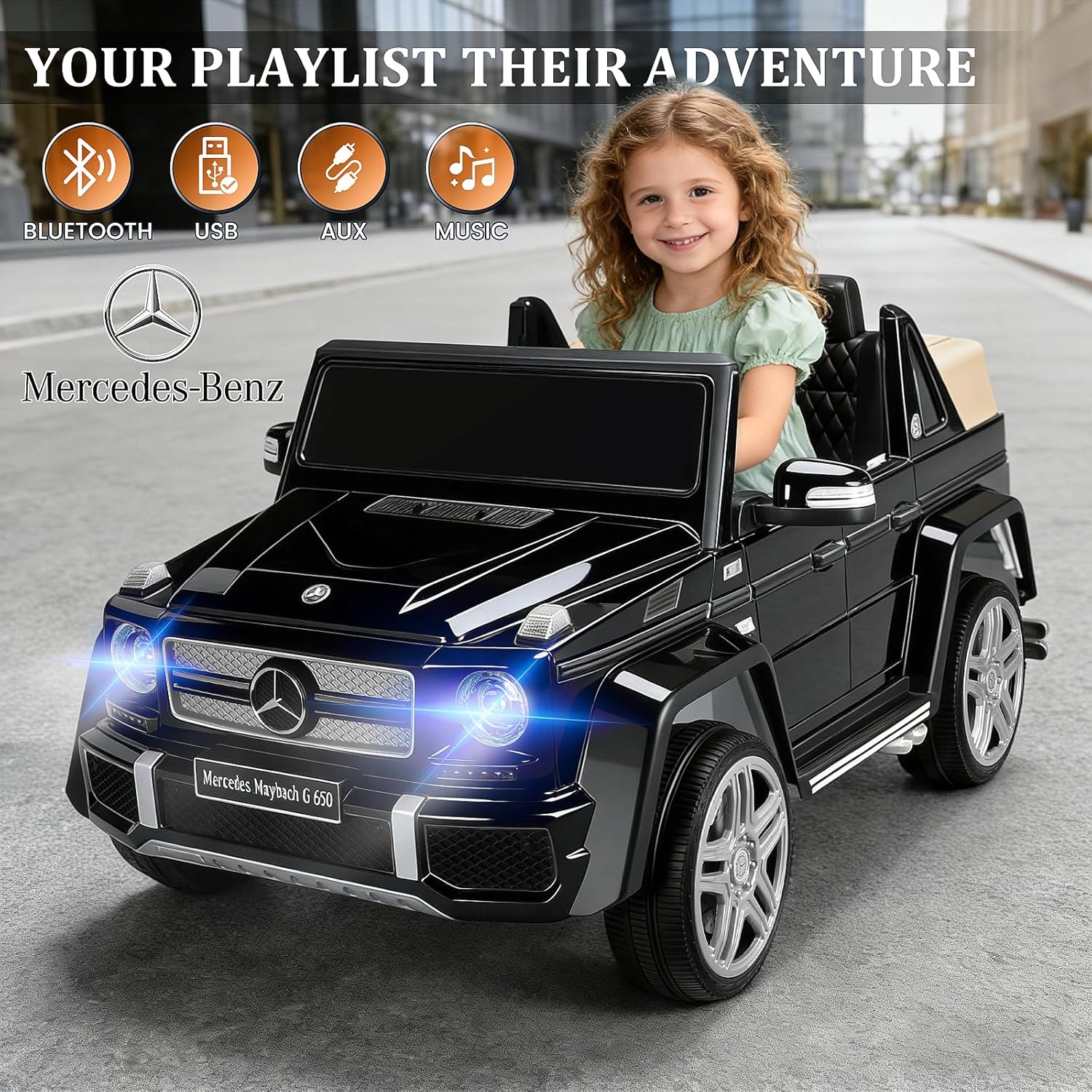 Licensed Maybach G650 Landaulet Ride on Car, 12V Kids Electric Car Remote Control, Bluetooth Music Player, 3.7MPH Max Speed, Headlight, Seat Belt, Trunk for Boys & Girls-Black