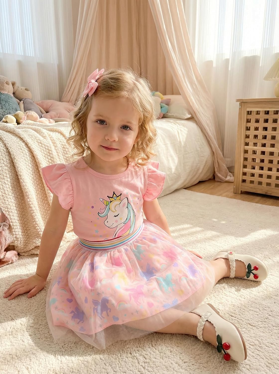 Girls Tulle Skirt Set Two Piece Ruffle Sleeve Unicorn T-Shirt Tutu Dress Summer Birthday Party Outfit 2-10 Years - Image 4