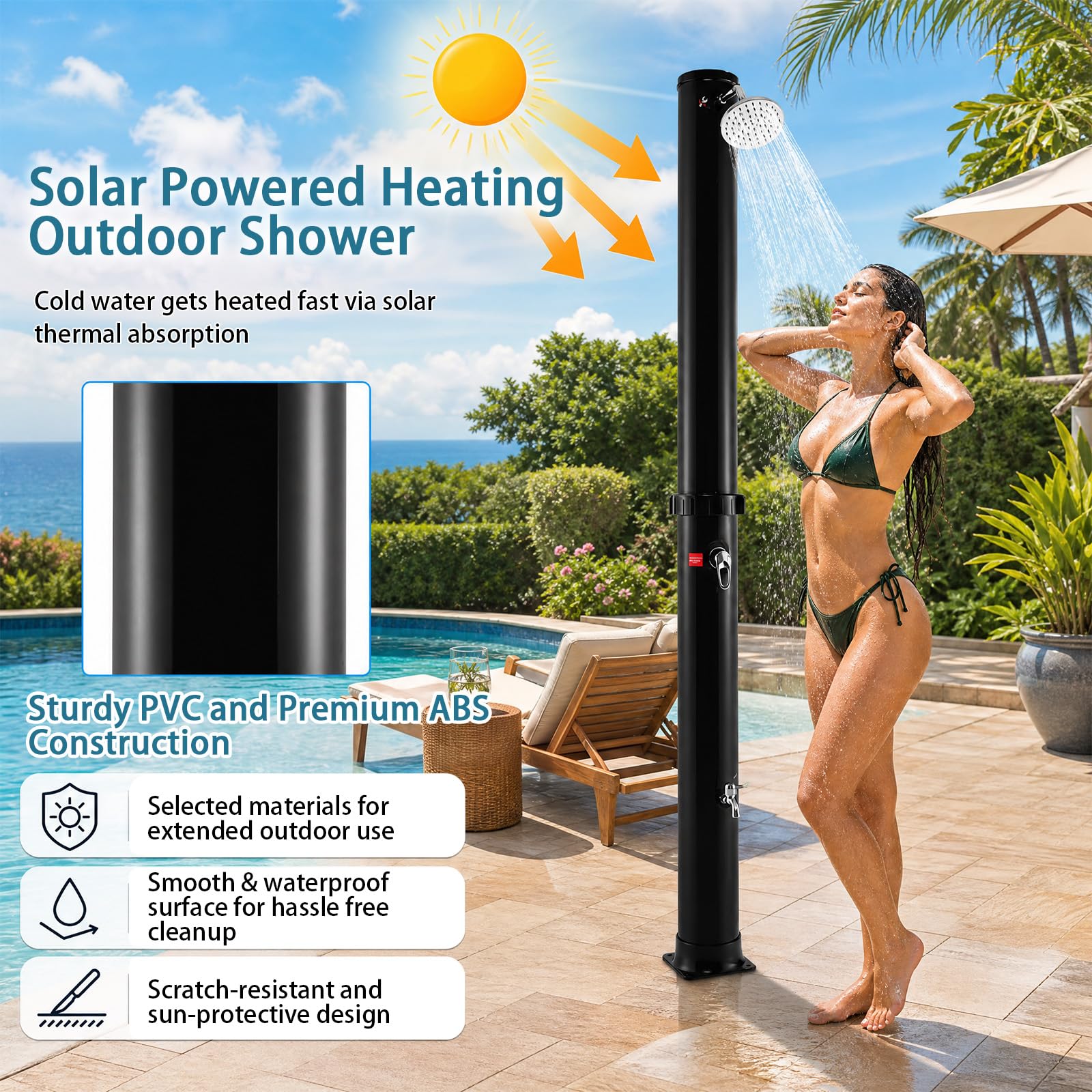 Goplus Douche d'extérieur chauffante à énergie solaire de 36 litres, douche autoportante de 2,3 m avec pommeau de douche rotatif, réglage de la température et douchette de pied, pour jardin, plage,