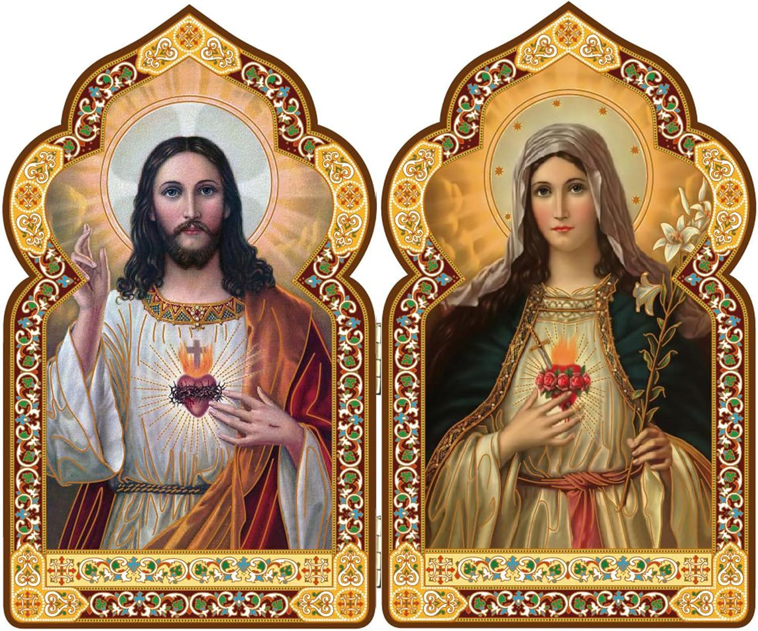 Needzo Sacred Hearts of Jesus and Mary Icon Diptych, Church Dome Shape 7 1/2 Inch, Gold Foil