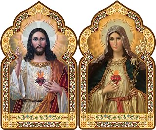 Needzo Sacred Hearts of Jesus and Mary Icon Diptych, Church Dome Shape 7 1/2 Inch, Gold Foil