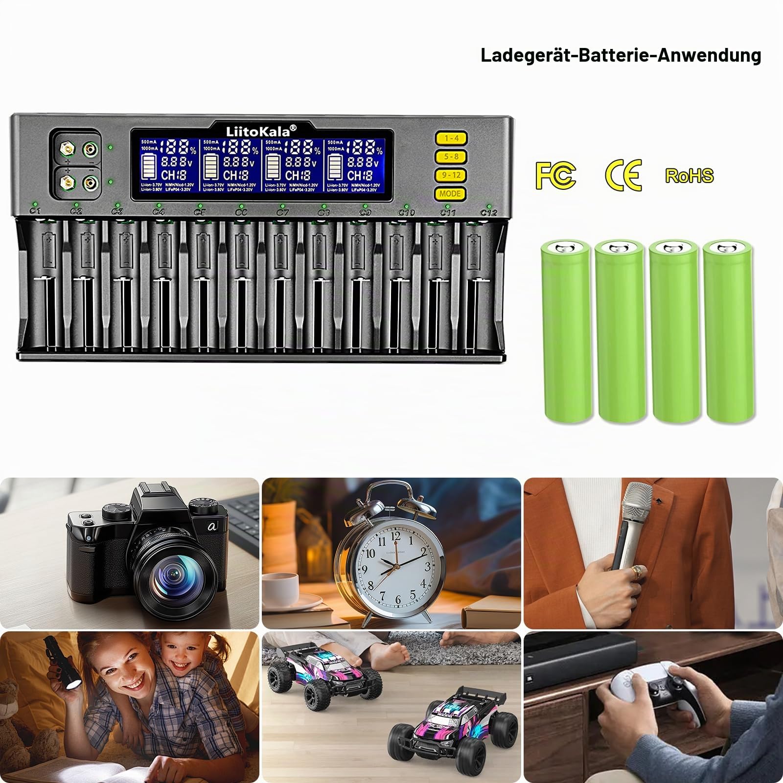 LiitoKala Lii-S12 18650 12-Slot LCD-Display Schnellladegerät, intelligentes Universalladegerät für Li-Ionen (IMR/ICR) LiFePO4 NI-MH/Cd 18650 21700 26650 18350 14500 RCR123 9V Batterien AA AAA C
