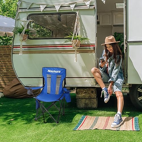 Miniatura 8 de Nazhura Paquete de 2 sillas de camping al aire libre plegablesplegables portátiles con bolsa enfriadora, respaldo de malla y bolsillo para
