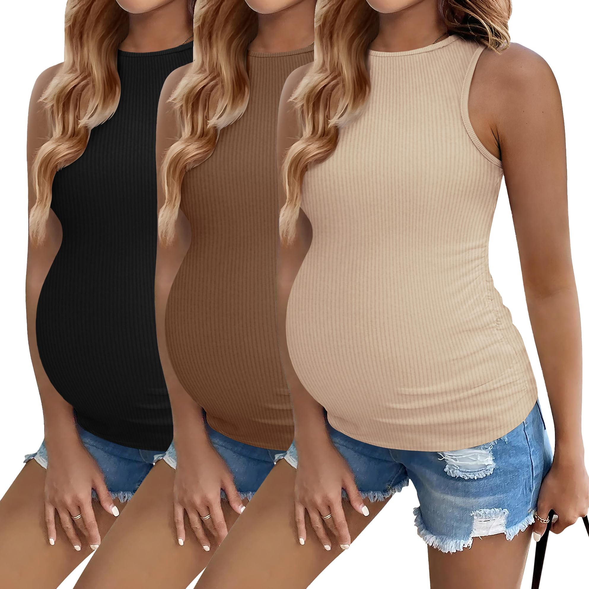 Ekouaer Women Maternity Tank Tops 3 Packs Crew Neck Ribbed Pregnancy Shirts Mama Clothes