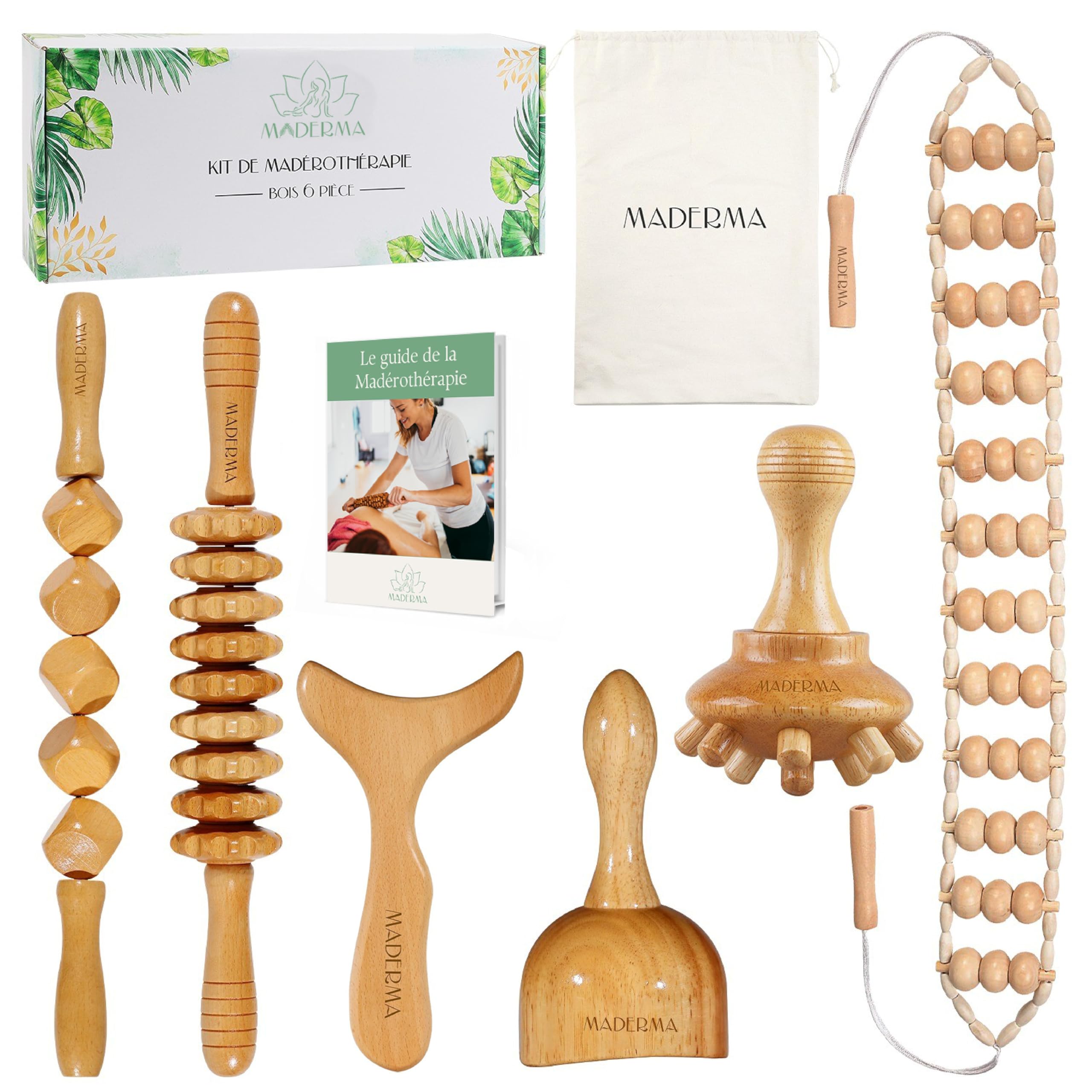 Kit complet de Maderothérapie 6 pièces en bois 100% naturel - Gua sha massage - masseur anti cellulite - dreinage lymphatique - rouleau de massage, venteuse cellulite, massage dos
