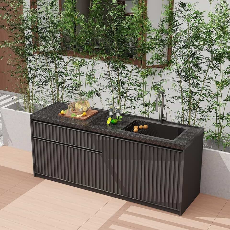 Outdoor Storage Cabinet - Floor-Standing Outdoor Sink Cabinet with Modern Dark Grey Striped Design, Marble Kitchen Table with Integrated Sink & 2 Storage Drawers（79IN）