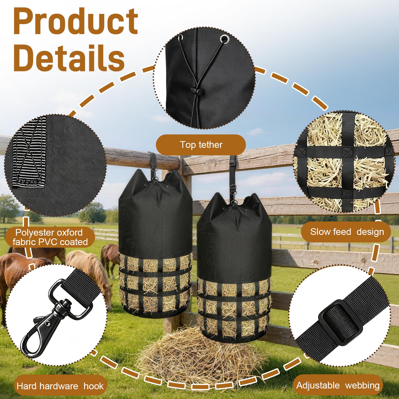 2 PCS Heusäcke für Pferde, mit Haken, 6,5 cm Maschenweite, 10 kg Fassungsvermögen, Heunetz / Slow-Feeder Heusack, XXL Heusack, robust & wetterfest, für Pferde, geeignet für Stall, Weide und Transport