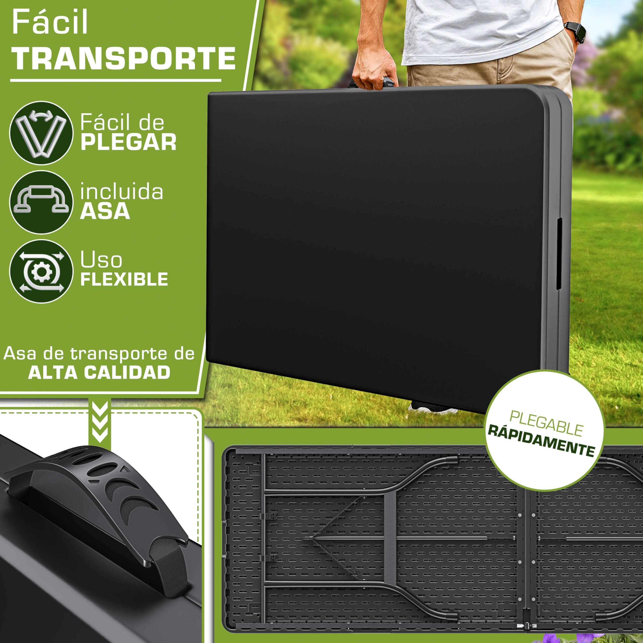 tillvex Mesa de jardín plegable de plástico de 180 x 75 cm, mesa de buffet con asa, mesa plegable para jardín, terraza y balcón, mesa de camping para 8 personas