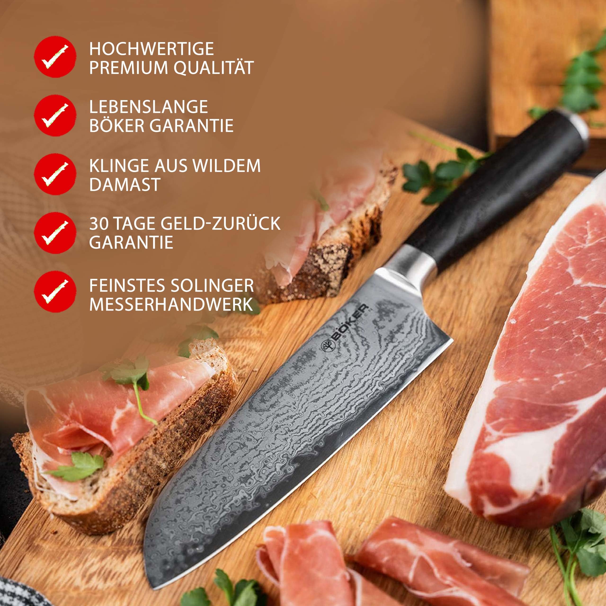 Böker SOLINGEN® Meisterklinge Damast Santoku - extrem scharfes Profi Kochmesser mit 16,5 cm Hybrid Damast Klinge - geschmiedetes Allzweck-Küchenmesser mit Räucher-Eiche Holzgriff in Geschenk-Box