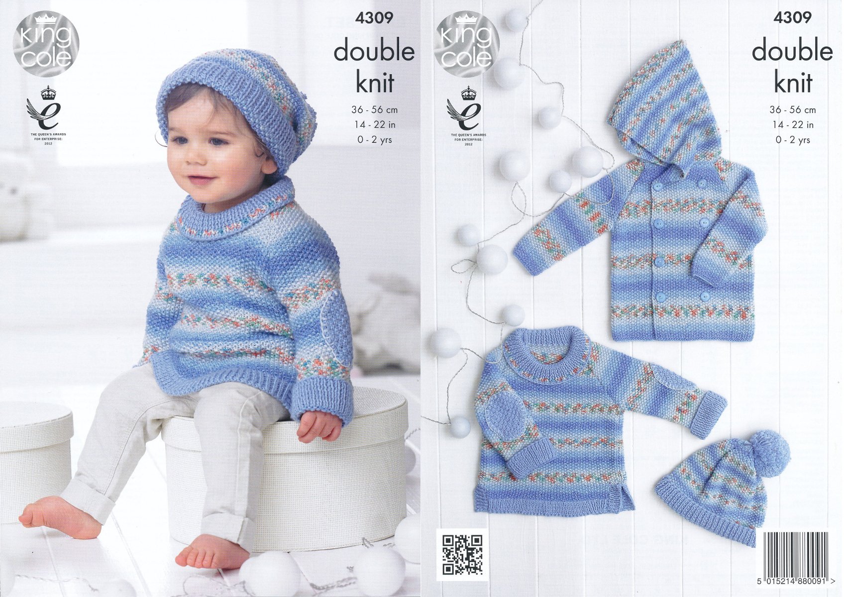 King Cole Double Knitting Pattern Long Sleeved Sweater Jacket & Hat Set Baby Drifter DK (4309) by King Cole