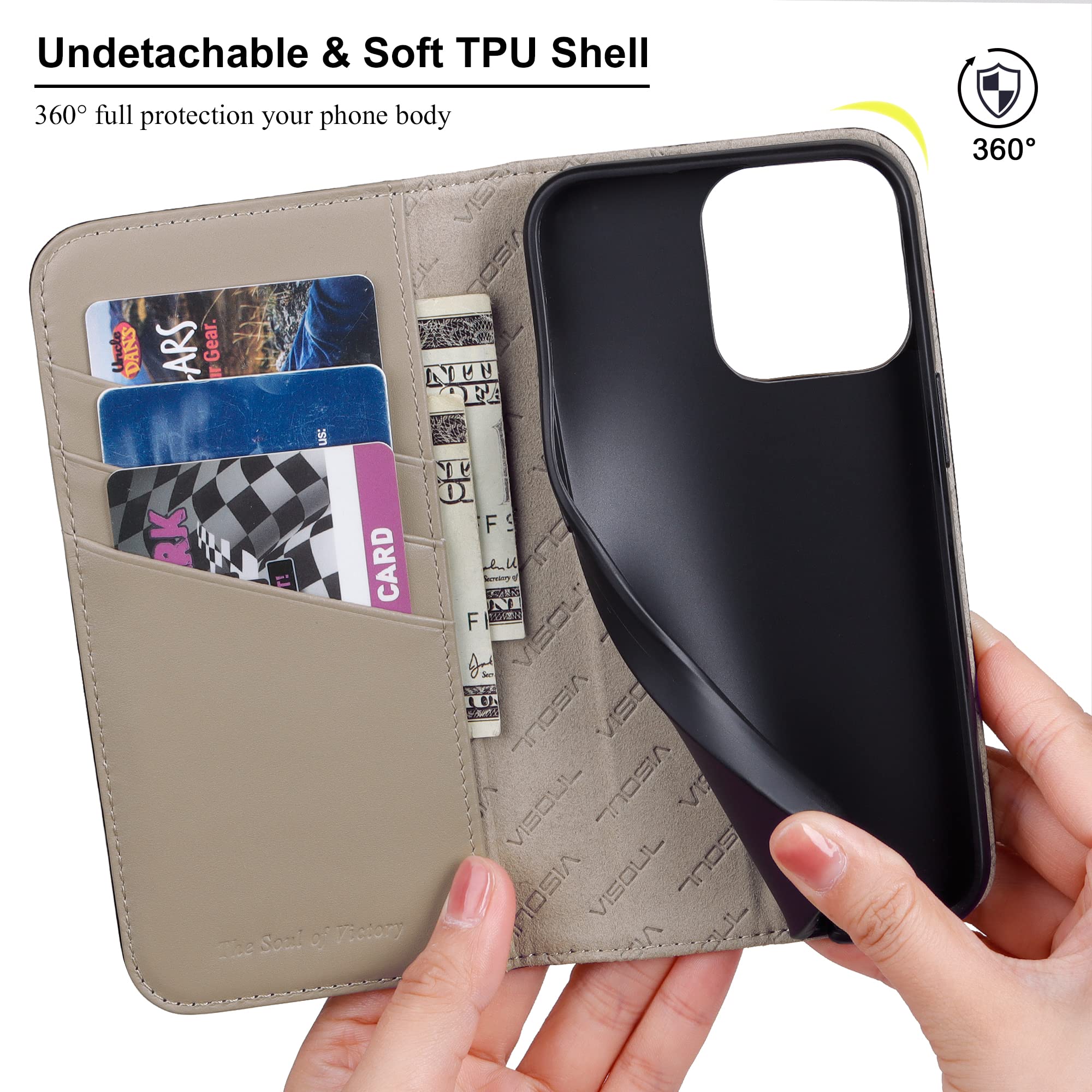 VISOUL IPhone 14 Pro Hülle – Carbon-Leder Mit RFID-Schutz, Kartenfach & Standfunktion