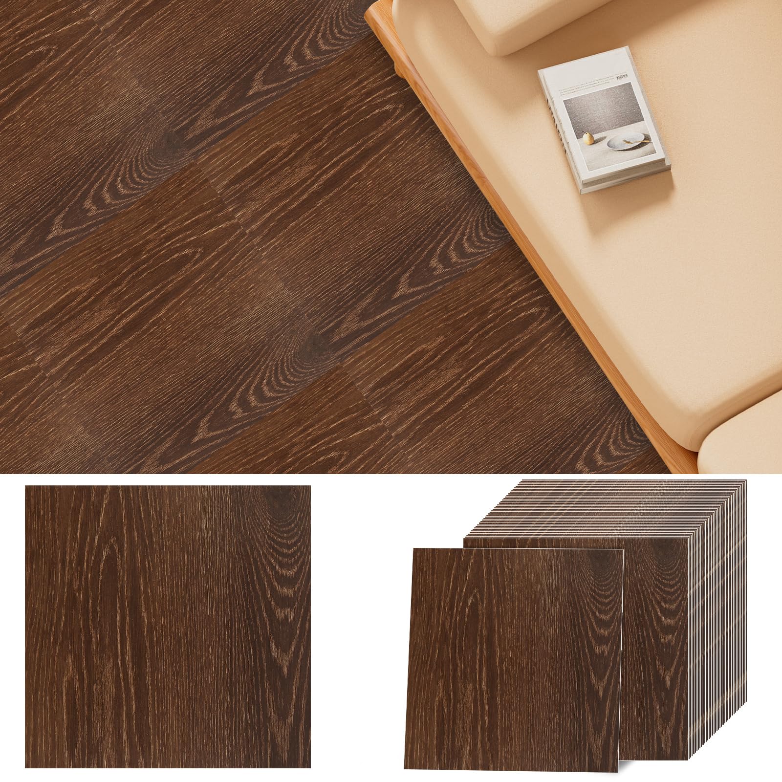 JMIATRY Lot de 40 carreaux de sol à décoller et à coller - Carreaux de sol en vinyle imperméables pour sol de cuisine - 30,5 x 30,5 x 1,5 cm - Couverture de 40 m² - Marron