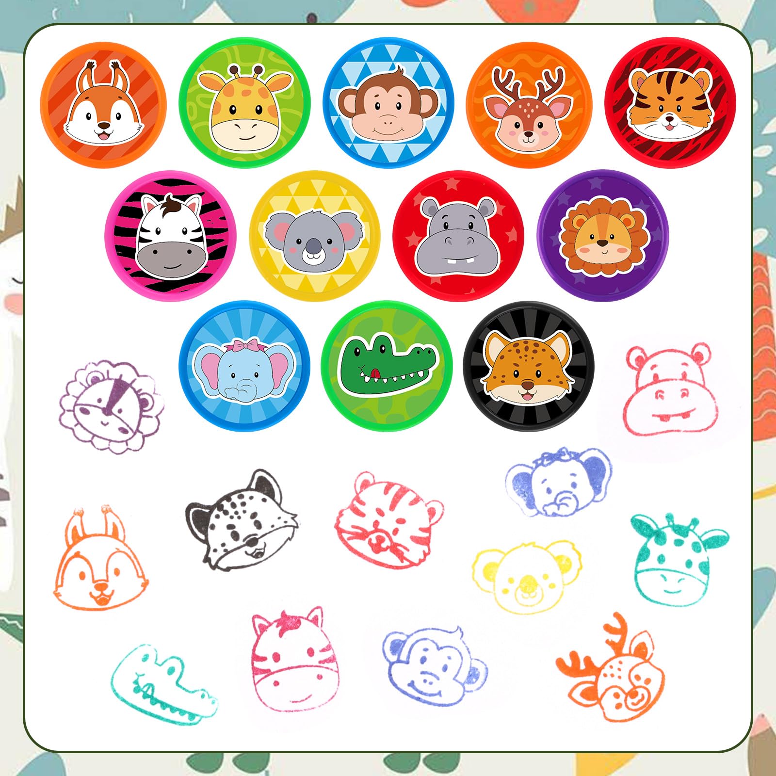 Hxezoc 24 Stück Safari-Dschungel-Tierdruck-Stempel, Mini-Stempel, bunt, selbstfärbend, Partyzubehör, sortiert, Stempel-Set für Klassenzimmer, Party, pädagogische Lernaktivitäten