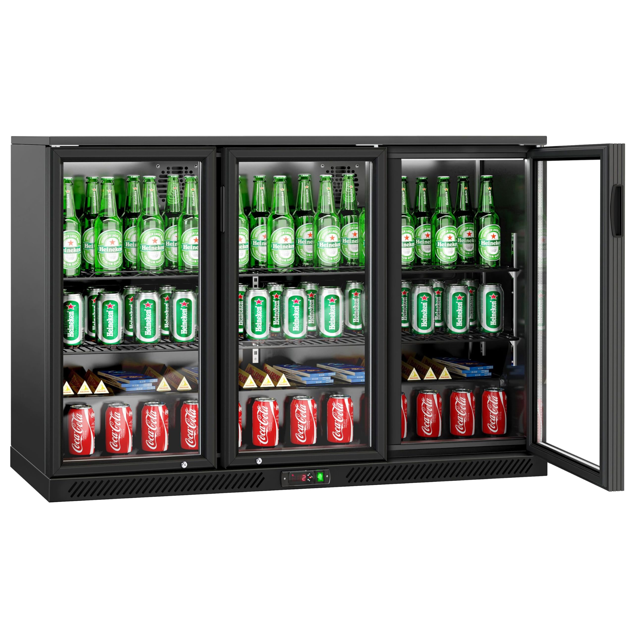 GGM Gastro | BKTG320S | Barkühlschrank - 1330mm - 320 Liter - mit 3 Glasflügeltüren - Außen & Innen Schwarz
