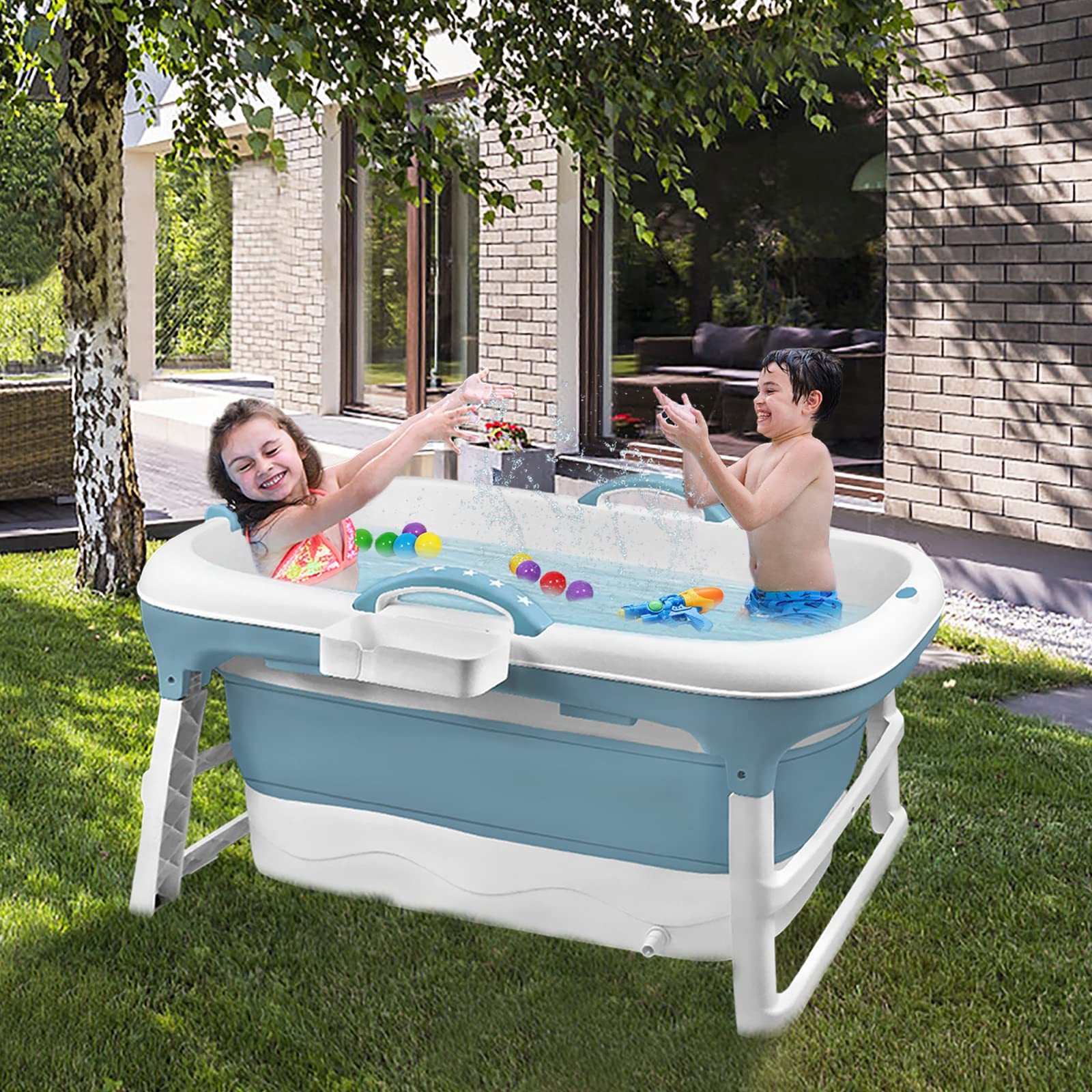 Składana wanna dla dorosłych, 118 x 62 x 52 cm, składana, z pokrywą, rolkami do masażu i koszem na mydło – mobilna do małych łazienek i SPA