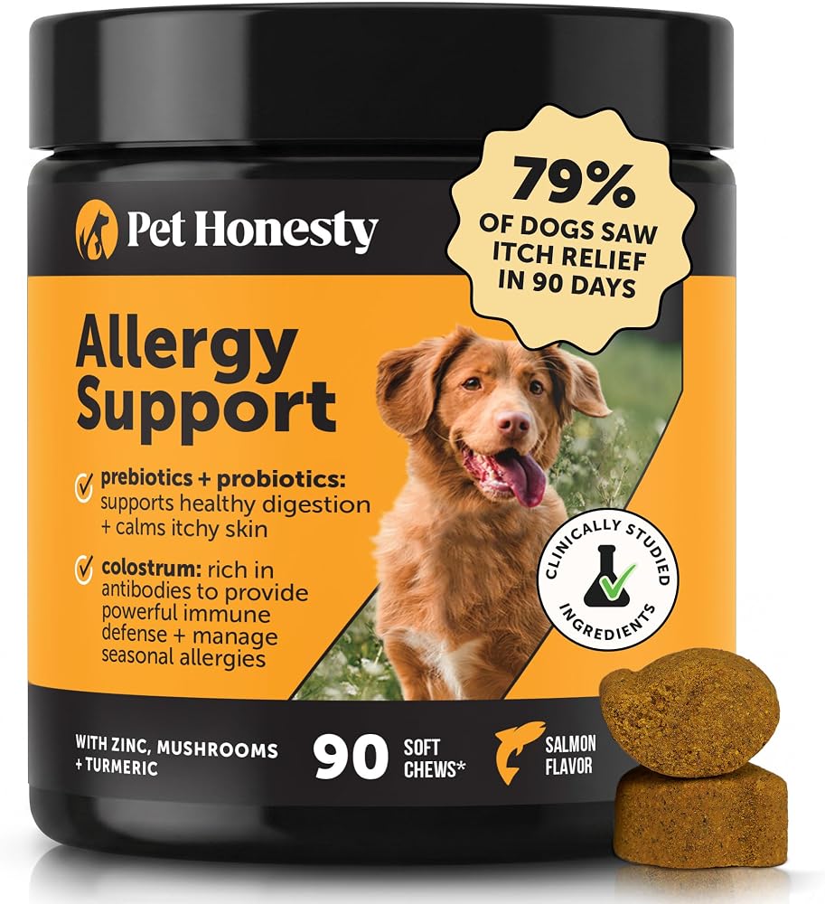 Pet Honesty Dog Allergy Chews for Itch & Allergy Relief, Salmon, 90ct | Itch relief for dogs, 77% saw less itching in 3 months*, with colostrum, zinc, turmeric, omega-3s and a probiotic blend