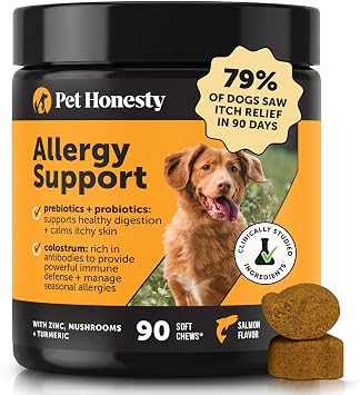 Pet Honesty Dog Allergy Chews - for Paw Licking, Itching & Seasonal Allergies - with Colostrum, Probiotics & Salmon Oil - Vet Recommended Itch Relief Supplement for Dogs Salmon, 90 Ct