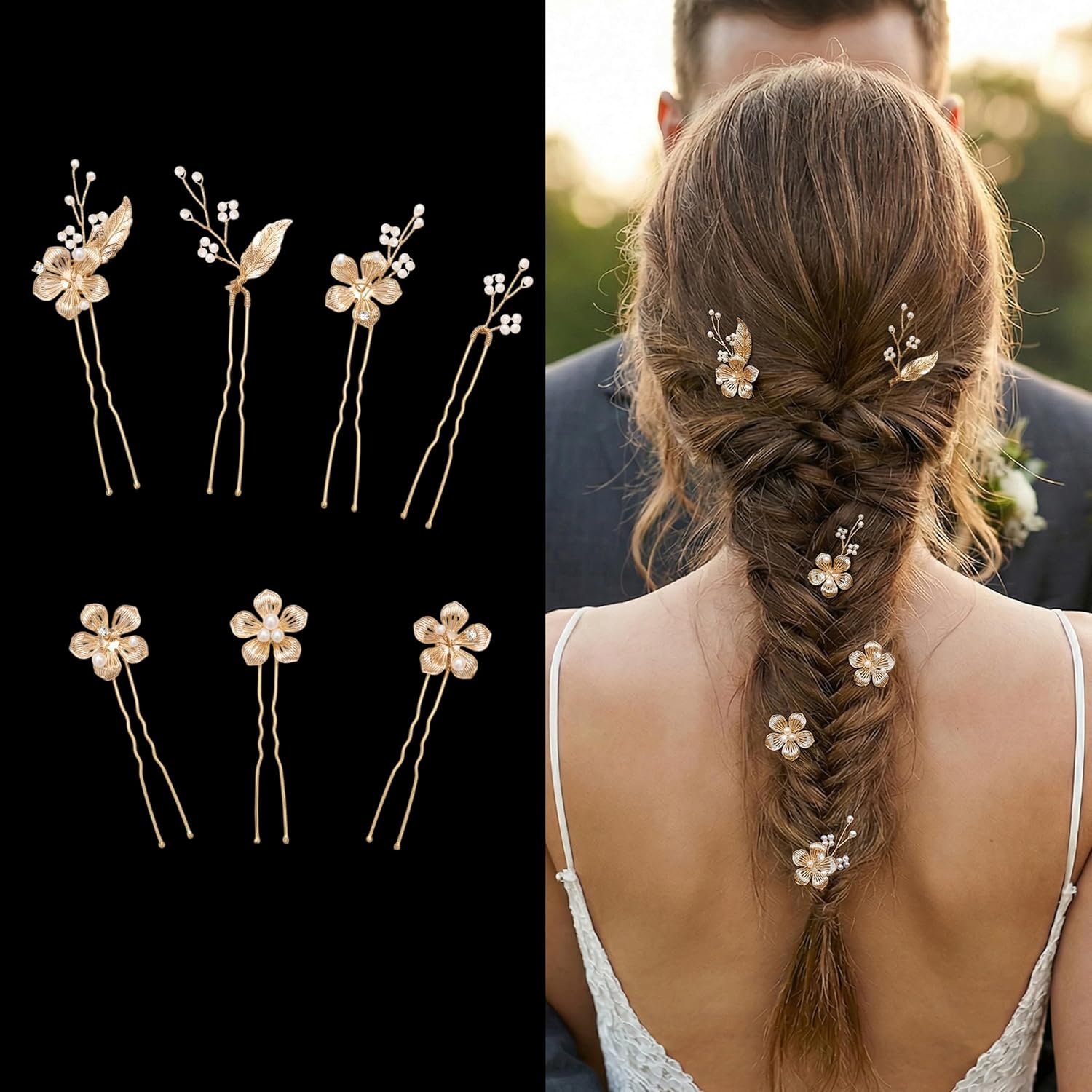 SWEETV 7Pcs Gold Wedding Hair Pins Brides Hair Accessories Bridal Pieces