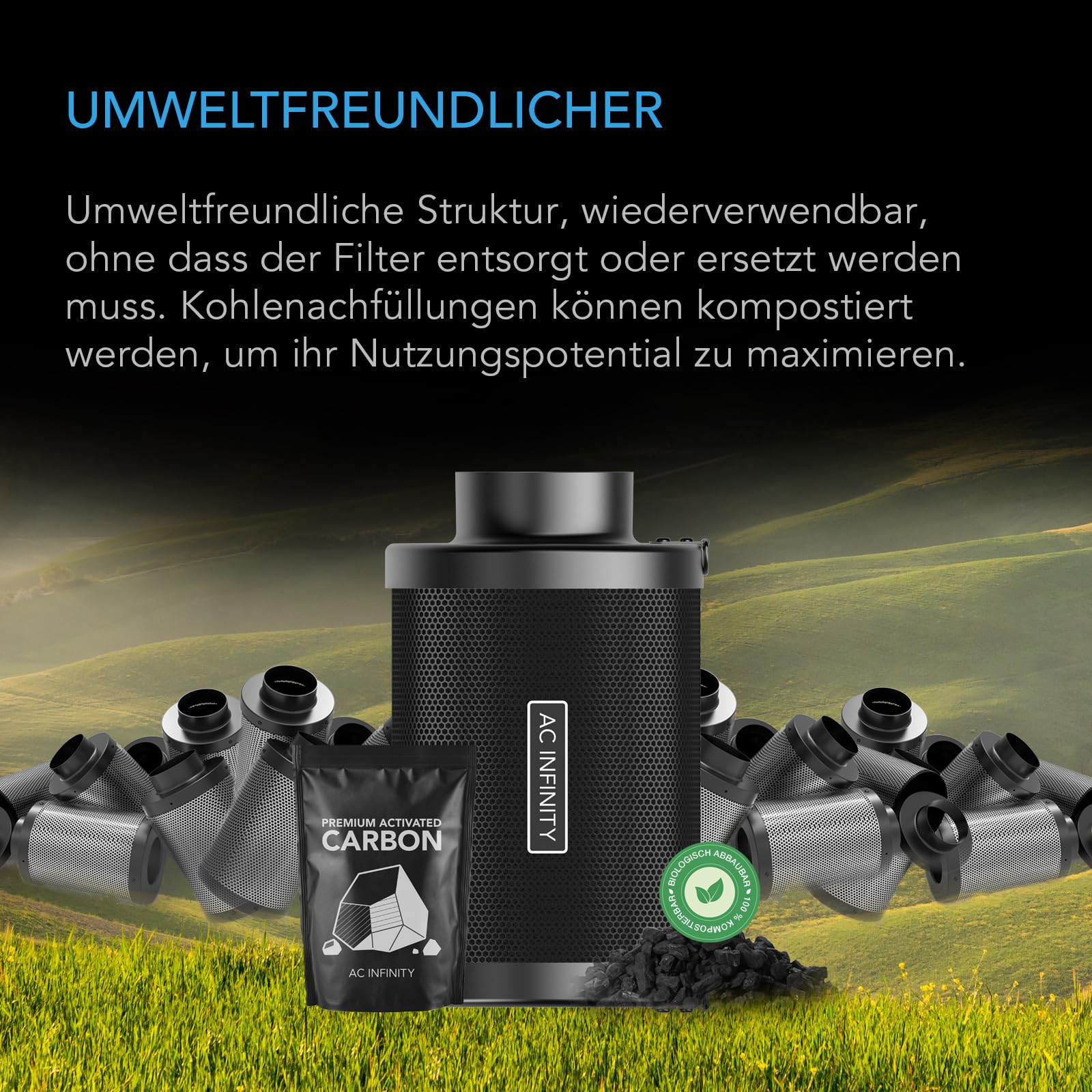AC Infinity Nachfüllbares Aktivkohlefilter-Kit Ø 200 mm mit zusätzlicher Nachfüllpackung Geruchsneutralisierender Air Scrubber für Inline-Ventilator Schlauchsystem Wiederverwendbarer Aktivkohlefilter